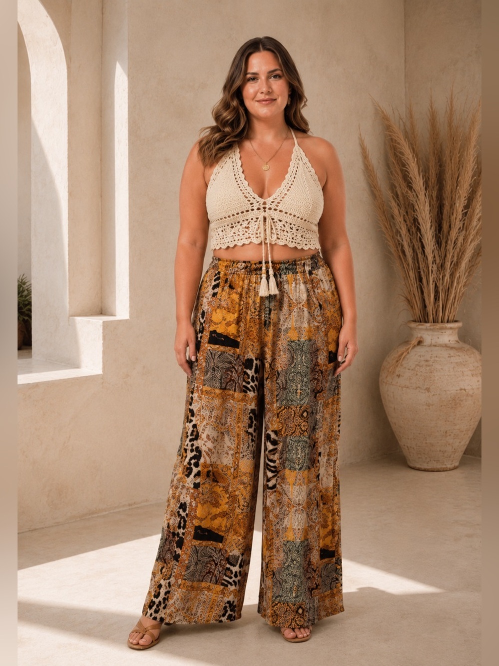 Boho Hippie Festival Satin Wide Leg Patchwork Pants Animal Print Rafaella 2X